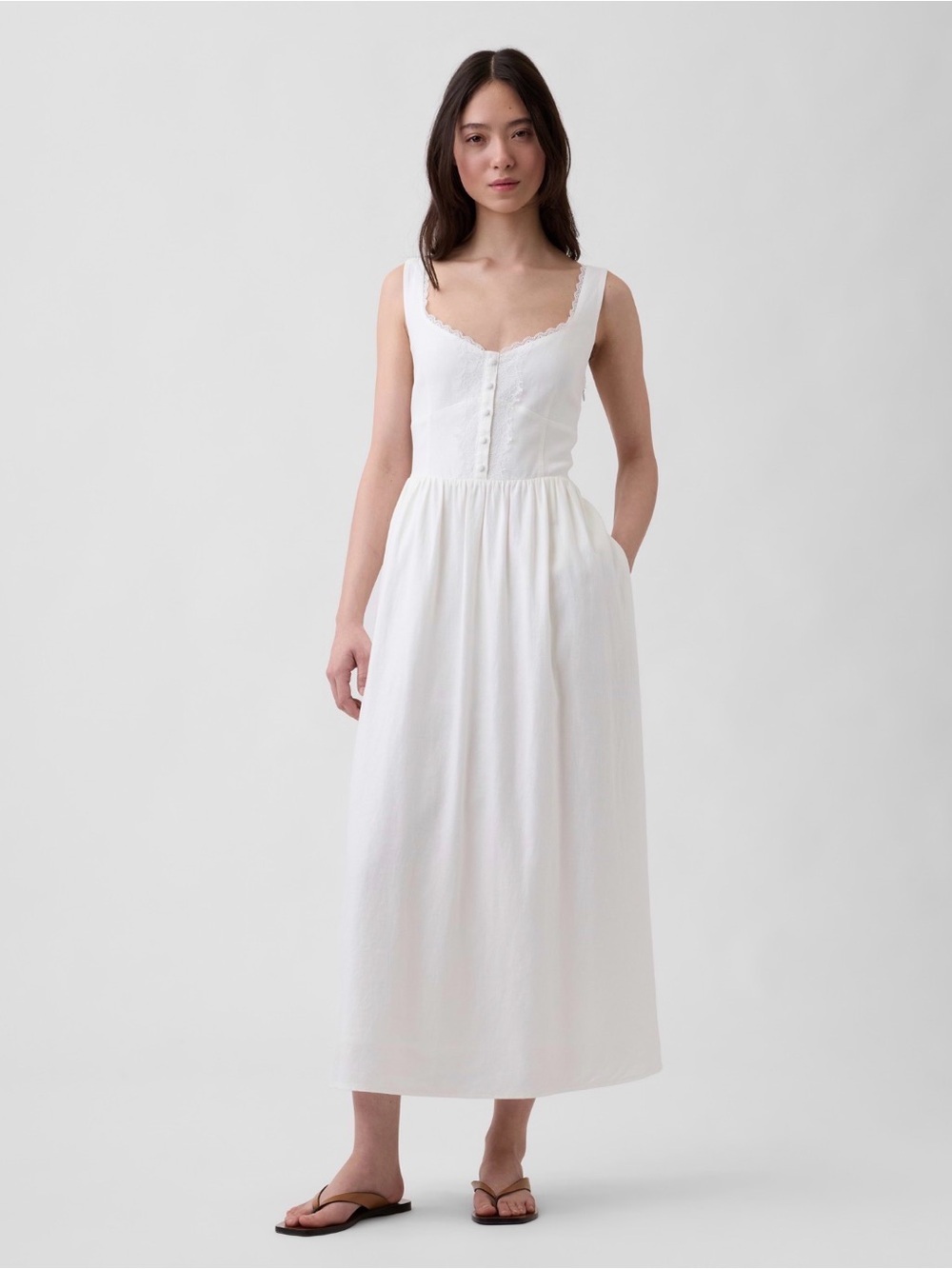 NWT Gap Linen Blend Lace Inset Maxi New Off White Dress Sz XXS